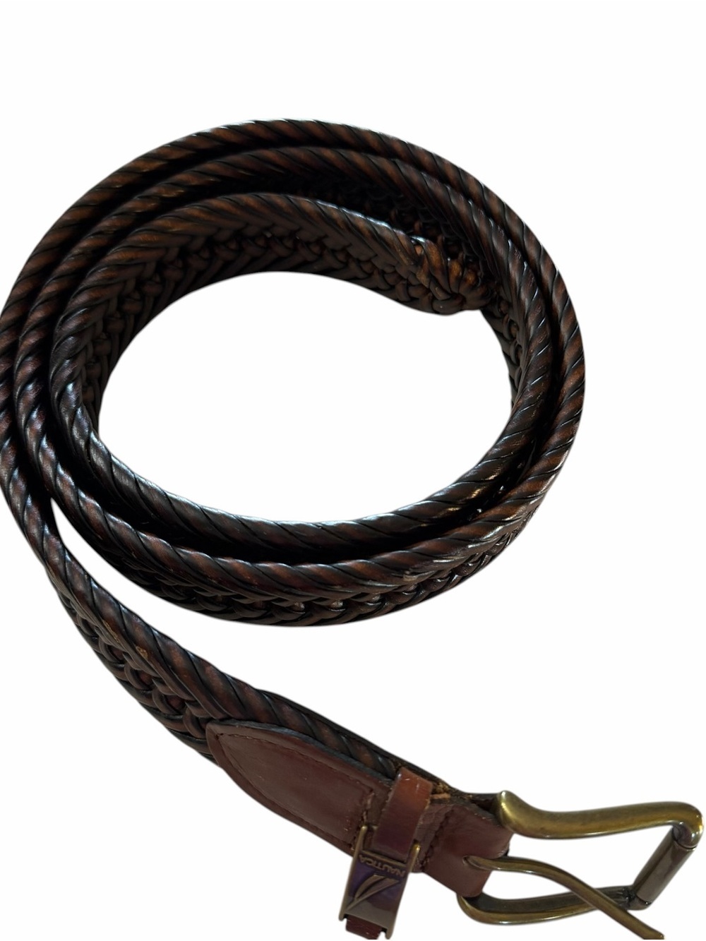 Nautica Brown Braided Leather Belt with Brass Accent